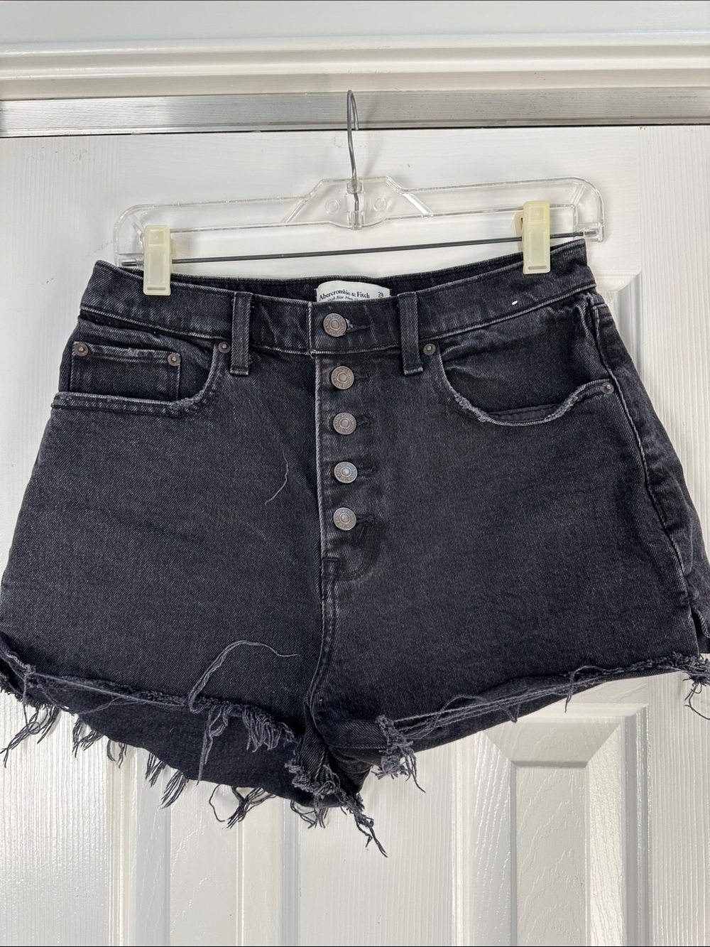 Abercrombie & Fitch Black High-Rise Distressed Button-Front Denim Shorts